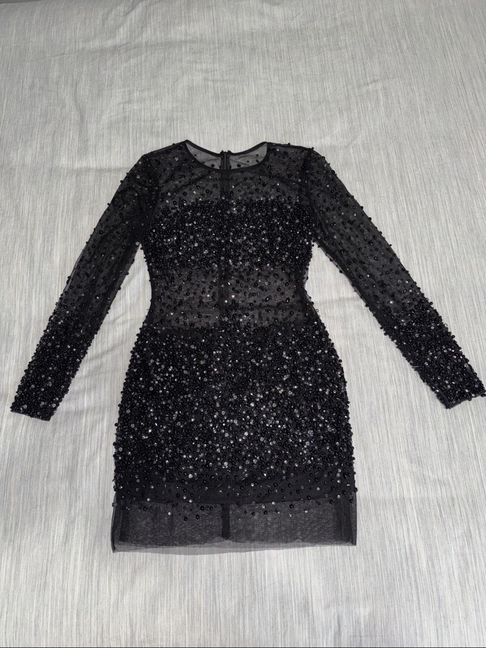Black Beaded Sheer Mesh Long-Sleeve Mesh Mini Cocktail Dress